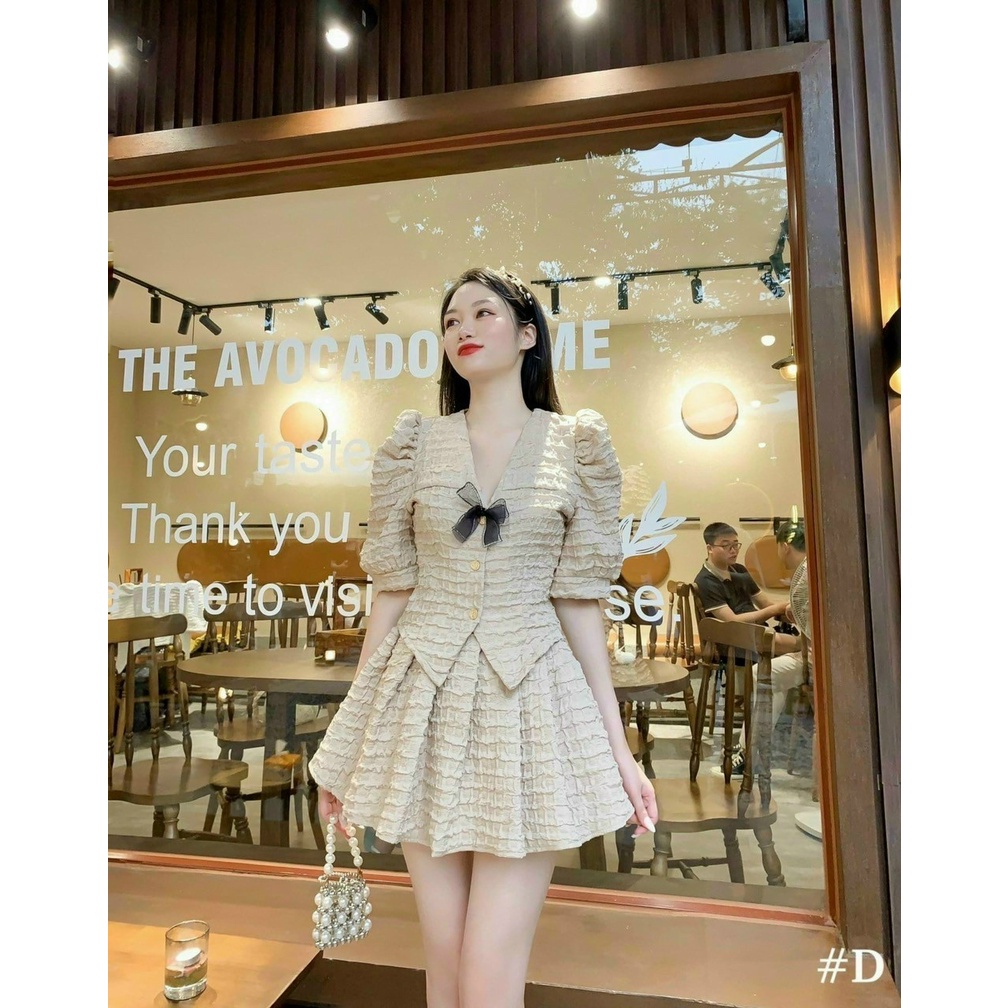 Set đồ nữ đi dự tiệc, set chân váy xếp ly dễ thương kèm áo kiểu nữ cổ V đính nơ siêu đẹp