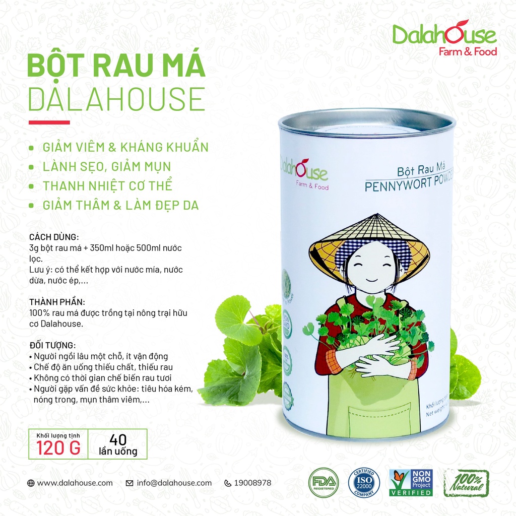 Combo 2 hộp bột rau má sấy lạnh Dalahouse - Bột rau má organic thanh lọc cơ thể, mát gan, nguyên chất 100%