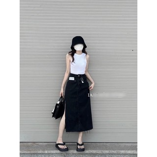 Chân váy jeans dáng chữ a xẻ cạnh màu đen - chân váy bò dài