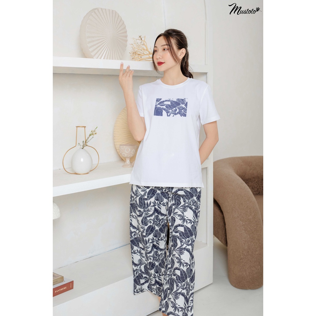 Bộ Mặc Nhà Áo Thun 100% Cotton Form Rộng Quần Dài Linen (Mustoto MB09)