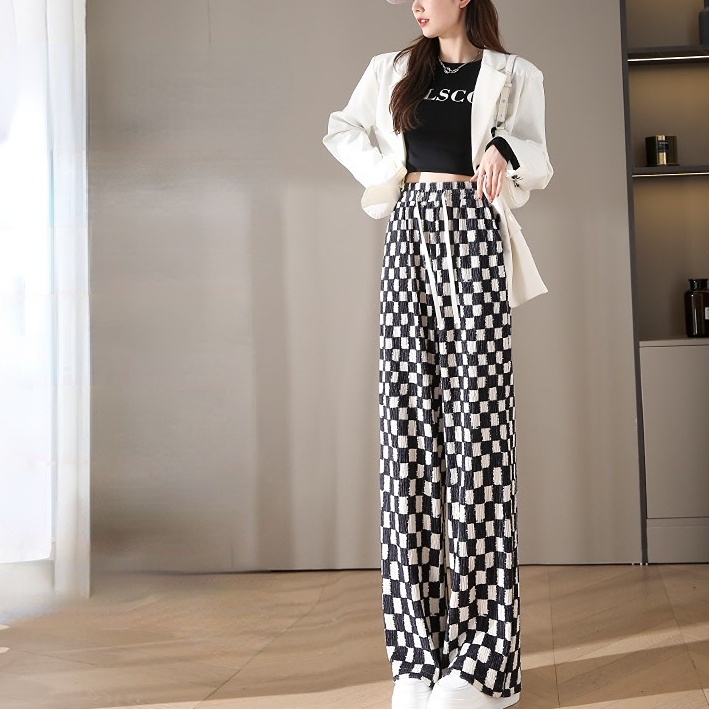 Quần Dài Lưng Cao Ống Rộng Họa Tiết Sọc Caro Trắng Đen Thời Trang Xuân Thu Cho Nữ