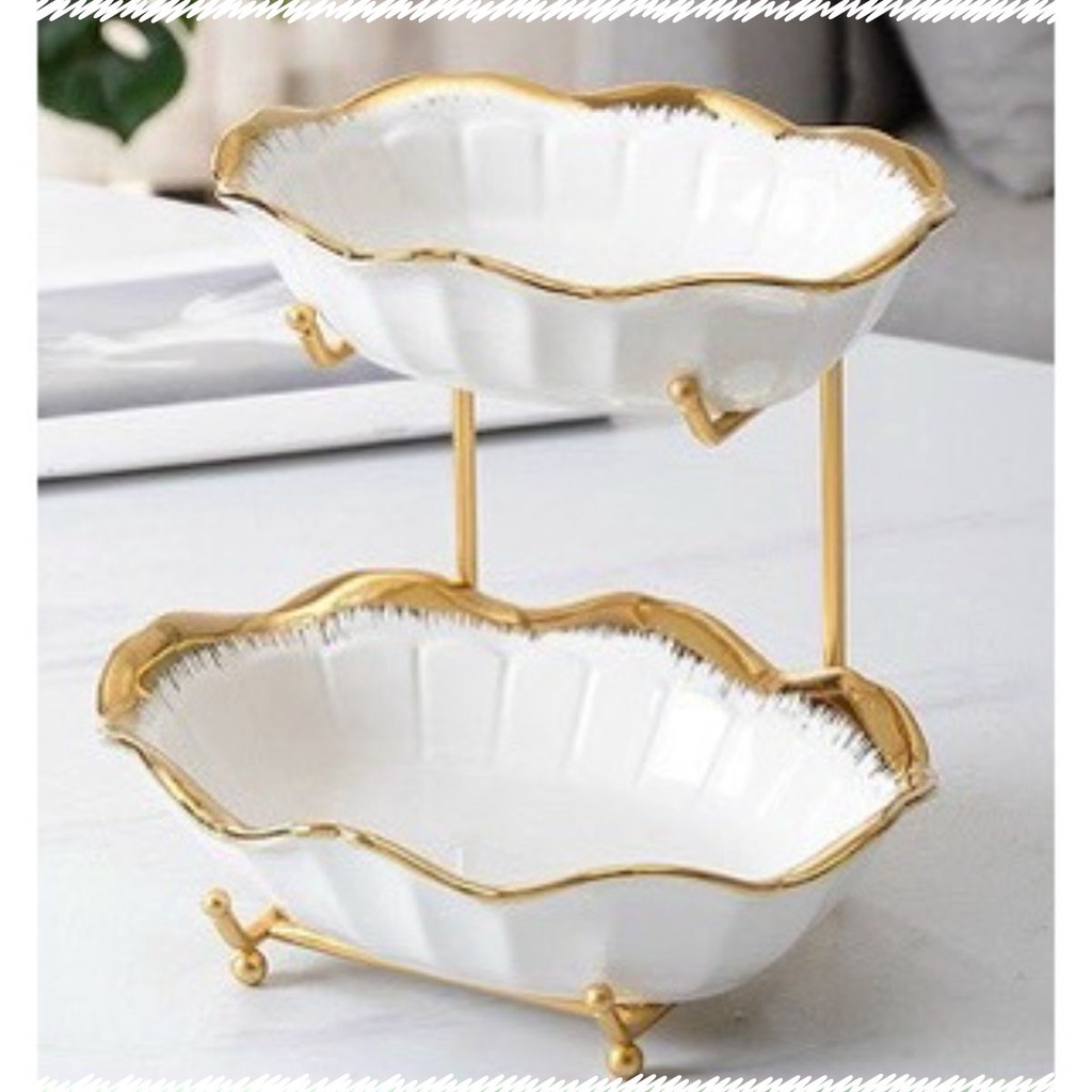 KHAY SỨ ĐỰNG BÁNH KẸO HOA QUẢ 2 TẦNG VIỀN VÀNG CAO CẤP SANG TRỌNG, CÓ 2 PHÂN LOẠI LỰA CHỌN