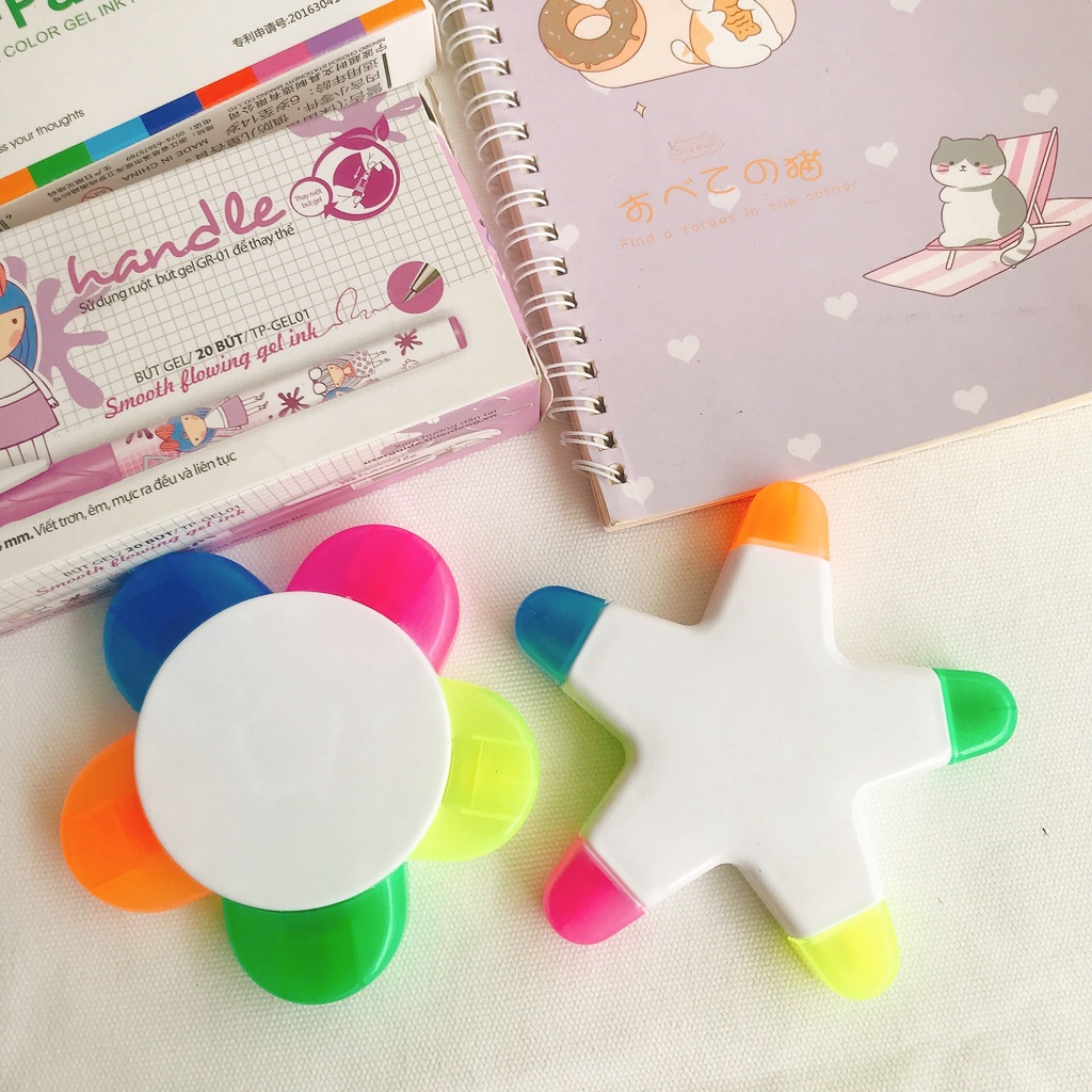 Bút highlight, bút dạ quang 5 màu hình ngôi sao, bông hoa 5 cánh