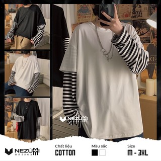 (Sẵn đen, trắng M L XL 2XL 3XL) Áo thun dài tay trơn nối tay kẻ ngang unisex nam nữ