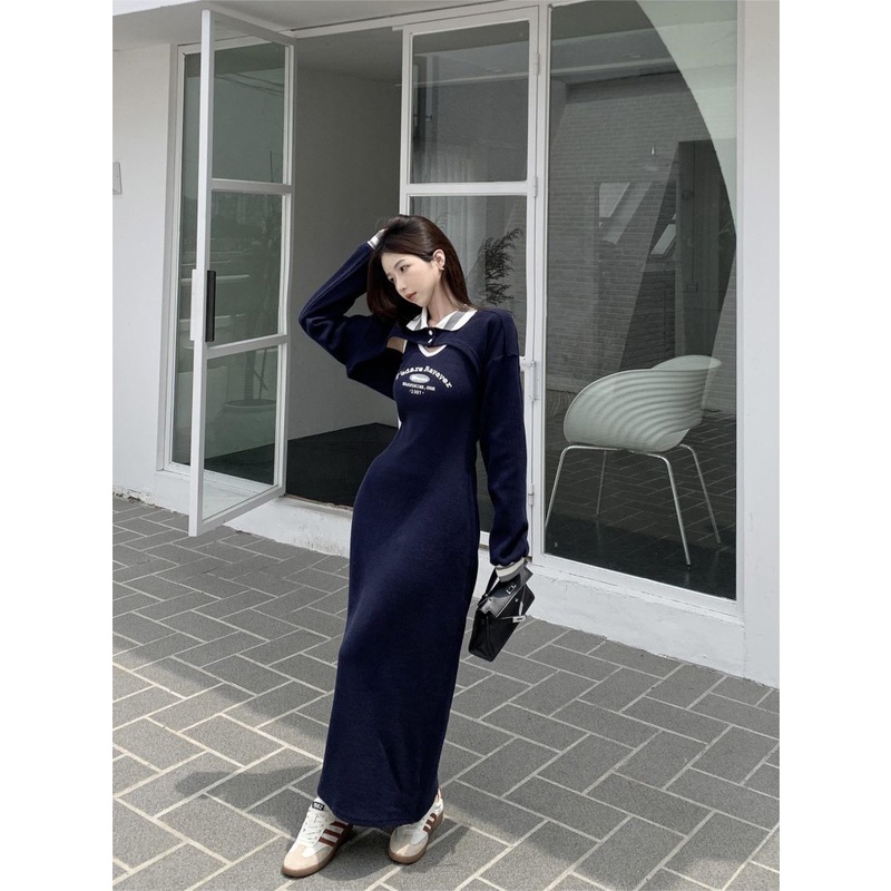 Đầm Nữ Dài Tay Cổ Bẻ Form Rộng Thời Trang Hàn