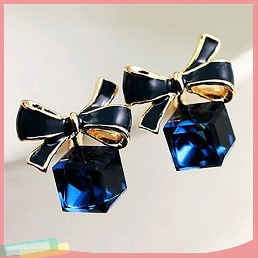 Đôi khuyên tai hình khối Zircon phối nơ thời trang cho nữ