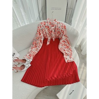 SET ÁO HOA CỔ SƠ MI CHÂN VÁY MIDI HOA
