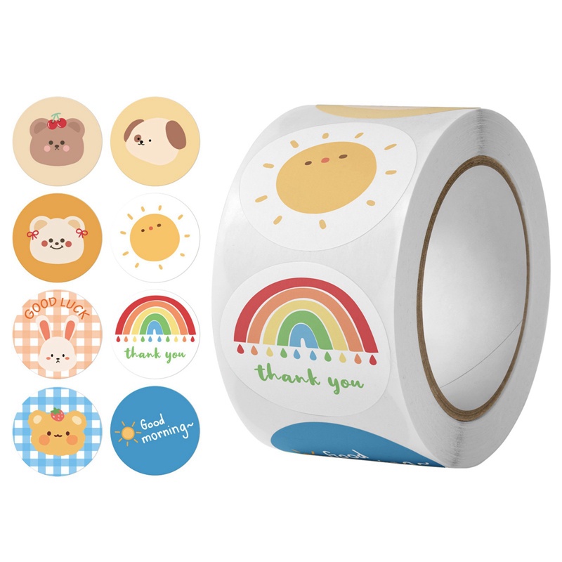 Cuộn 500 Miếng Dán Họa Tiết Hoạt Hình Thank You Sitckers Dễ Thương Trang Trí Quà Tặng Cho Bé