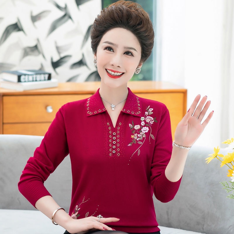 Áo len dệt kim dành cho người trung niên và người cao tuổi Áo thun nữ có ve áo