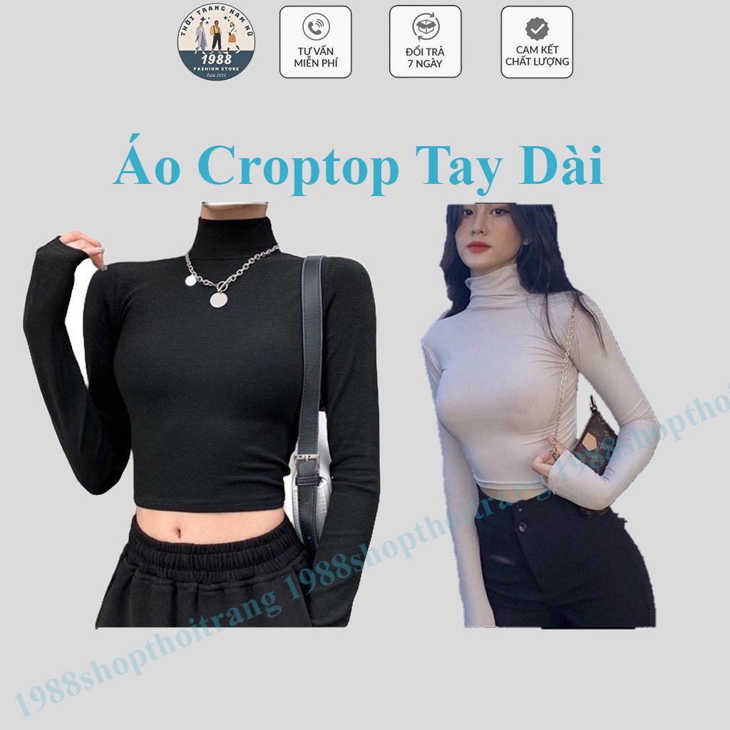 Áo Croptop Tay Dài Cổ Lọ Màu Sắc Trơn Phong Cách Hàn Quốc