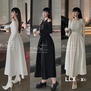 Đầm dáng xoè maxi cổ tròn khoét vai