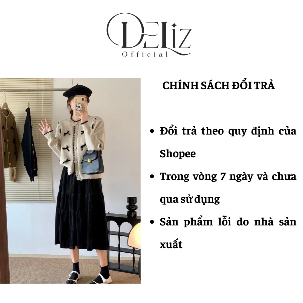 Áo khoác len cardigan hoa nổi DELIZ chất len dày dặn màu nâu vintage