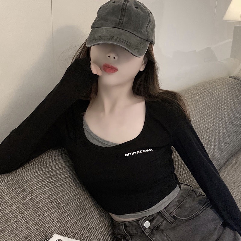 IELGY  IELGY Áo Thun Tay Dài Dáng Ôm Ngắn Màu Đen Thời Trang Cho Nữ