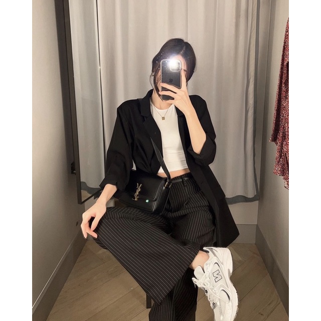 LIMITED quần kẻ dáng dài màu đen