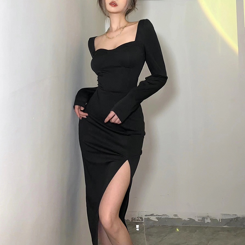 PunkyRabbit Đầm Tay Dài Xẻ Bên Cổ Vuông Thanh Lịch Bằng Sợi Polyester Ôm Body Cho Tiệc Cocktail