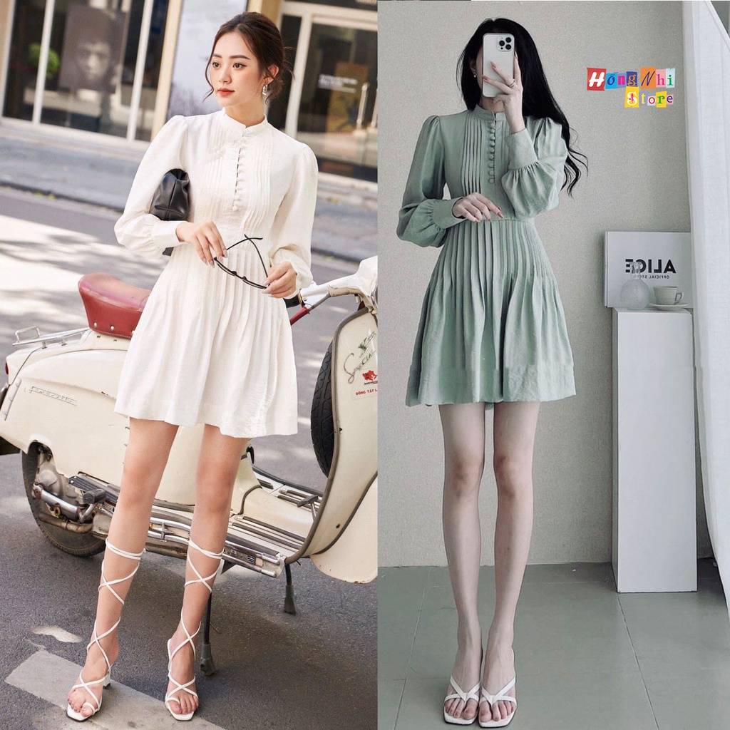 Đầm Xòe Xếp Ly Cổ Trụ Nút Gài Tay Phồng Siêu Sang - Đầm Đi Tiệc Ulzzang