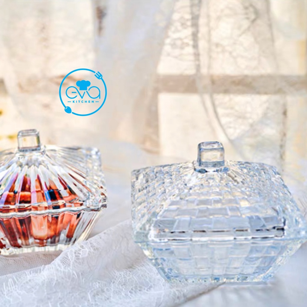 Thố Mứt Thuỷ Tinh Pha Lê Delisoga Vuông Hoạ Tiết Sọc Caro Phong Cách Royal Sang Trọng / Thố Mứt Tết Thố Caro TG1035-4.5