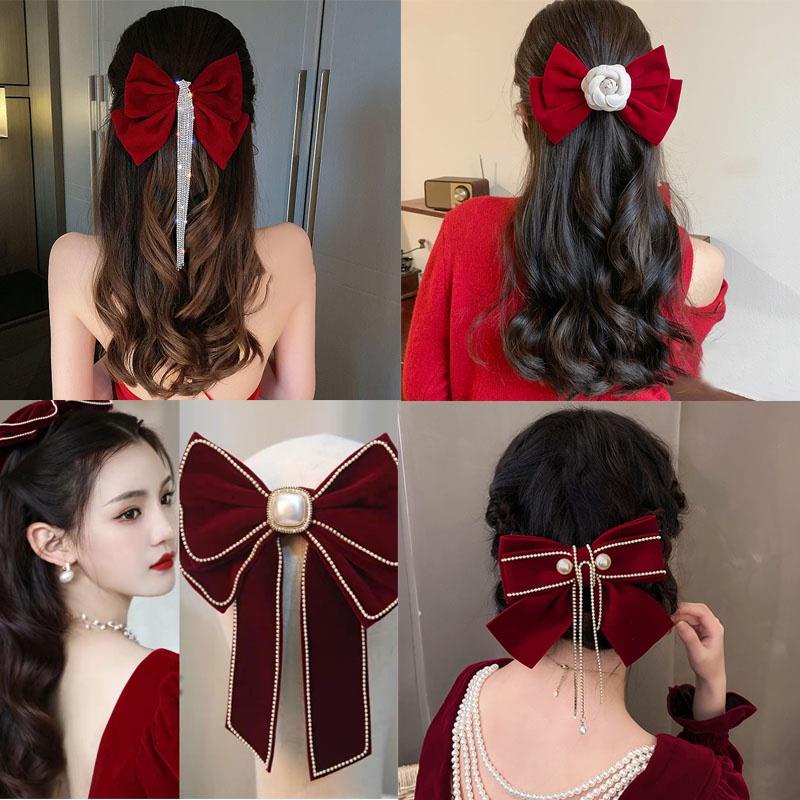 Kẹp Tóc Hình Nơ Bằng Nhung Màu Đỏ Mừng Năm Mới