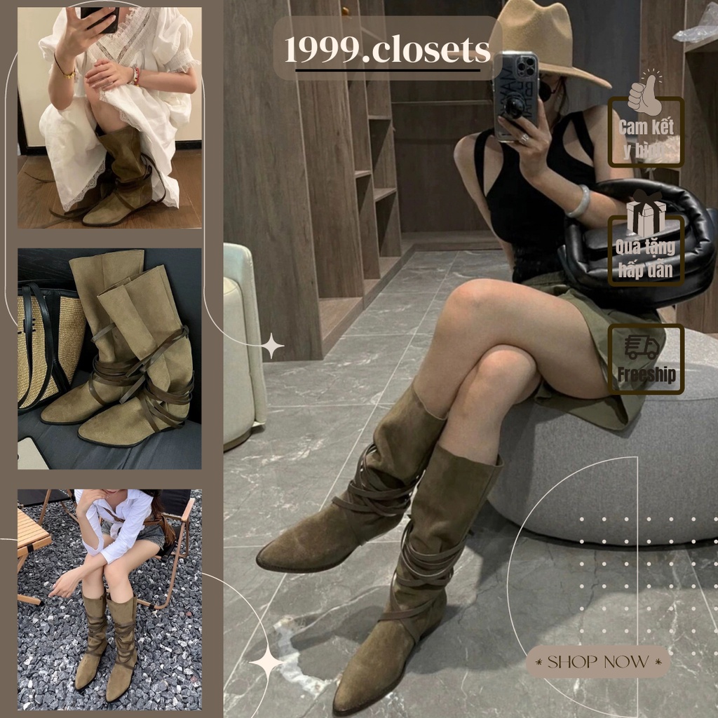Giày Bốt Cowboy Da Lộn Mũi Nhọn Đế 3cm , Giày Boot Cao Bồi Ống Rộng Quấn Dây Phong Cách Du Mục [1999.closets]
