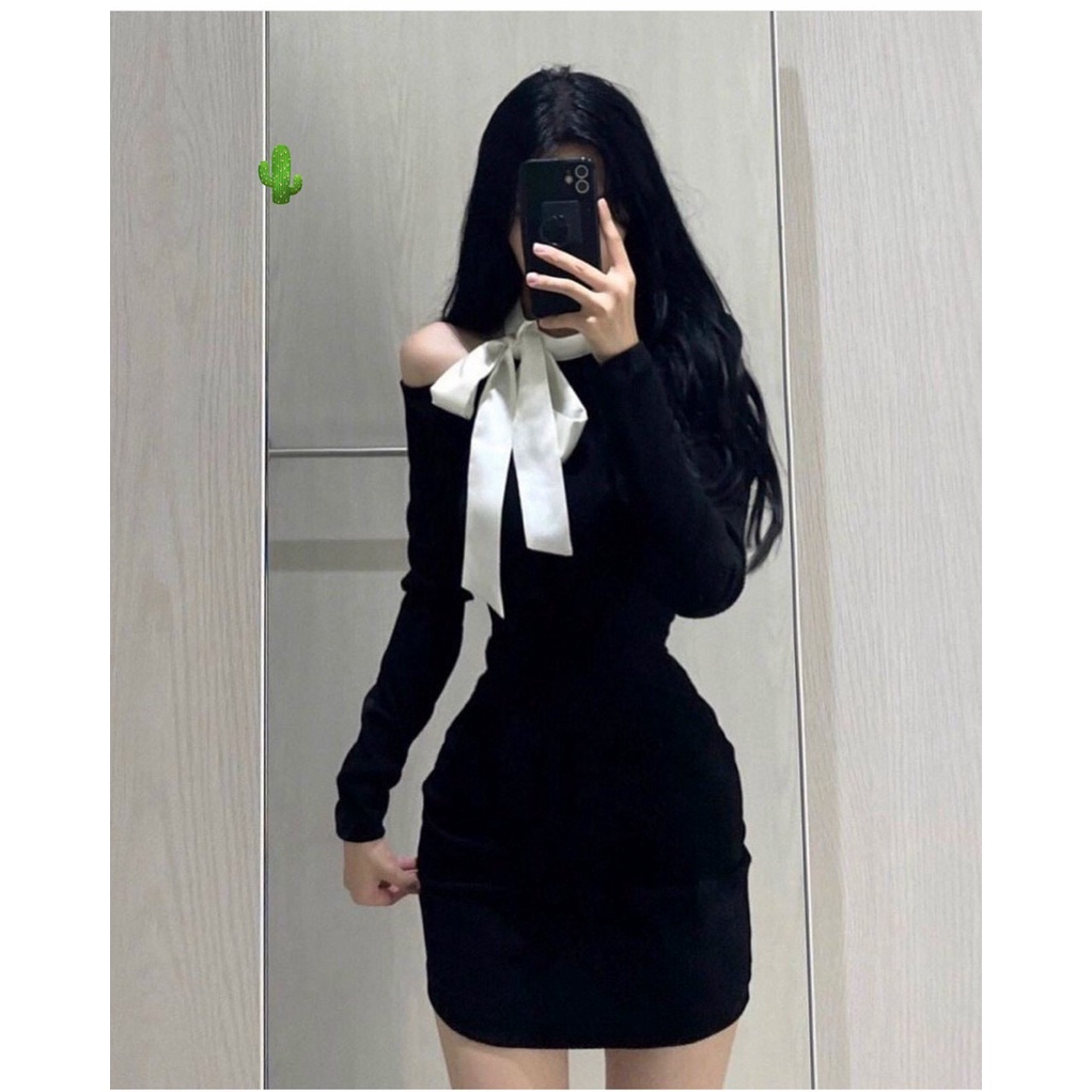 Đầm body nữ dáng ngăn kèm nơ chất thun gân tay dài kiểu trơn khoét 1 bên vai xinh xắn