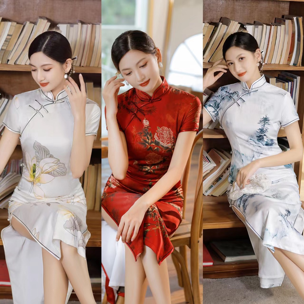 Sườn Xám Plus Size Chất Liệu Satin Hai Lớp Cao Cấp Thời Trang