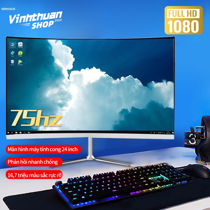 Màn hình máy tính cong HD 1080P 24inch, 75hz Hàng triệu màu sắc hiển thị ánh sáng nhấp nháy hỗ trợ treo tường