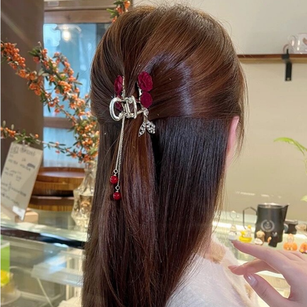 Kẹp Tóc Hình Vương Miện Đuôi Ngựa Bằng Kim Loại Đính Hạt Kim Cương Giả Màu Đỏ Phong Cách Trung Hoa Dành Cho Bạn Nữ