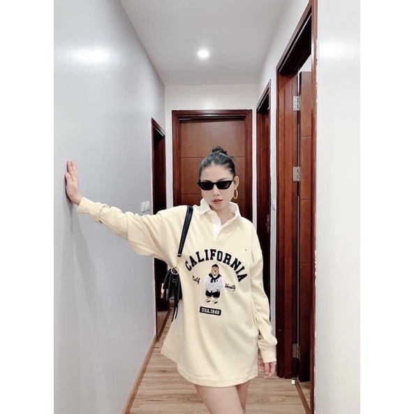 Áo nỉ gấu phối cổ somi dáng xuông tay bo 2 màu hot hit kèm ảnh thật