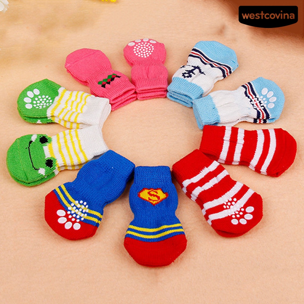 [COD]♘Set 4 Đôi Tất Cotton Chống Trượt Hình Dấu Chân Cho Thú Cưng