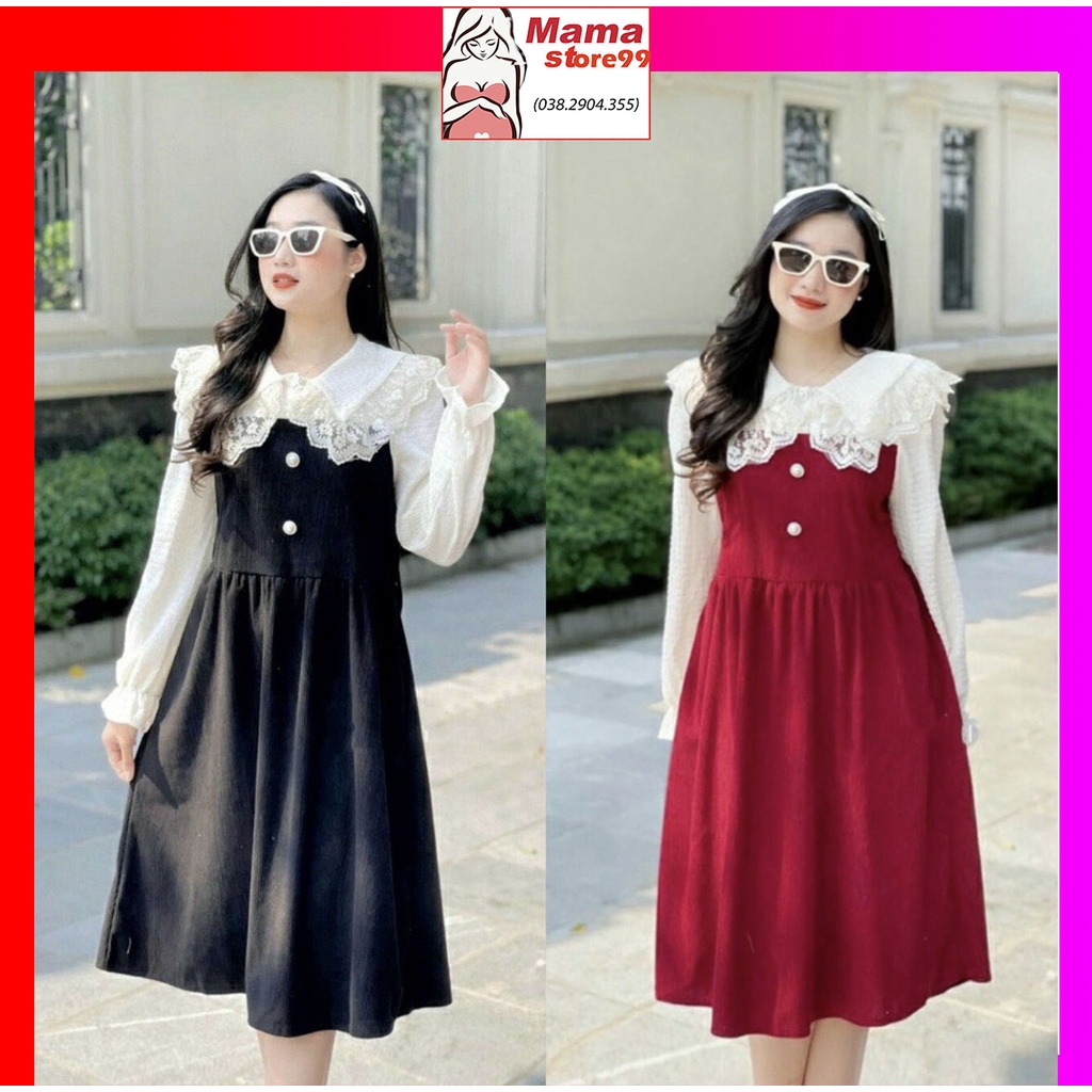 Váy Bầu Đầm Bầu Thiết Kế Công Sở Dự Tiệc Sang Chảnh Chất Nhung Dày Dài Tay Cổ Ren Bèo Dáng Suông Xòe HN320 Mama Store99