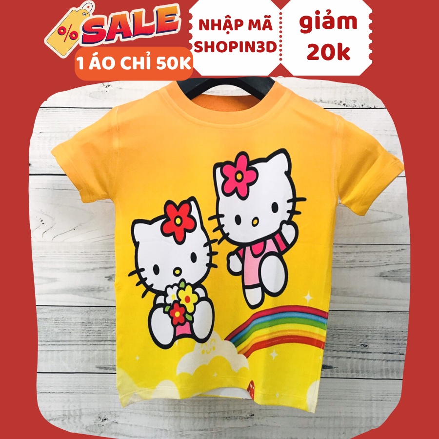 Áo thun bé gái in 3D hình Hello Kitty, Áo thun mềm mịn, thấm hút mồ hôi cho bé từ 10 - 50kg