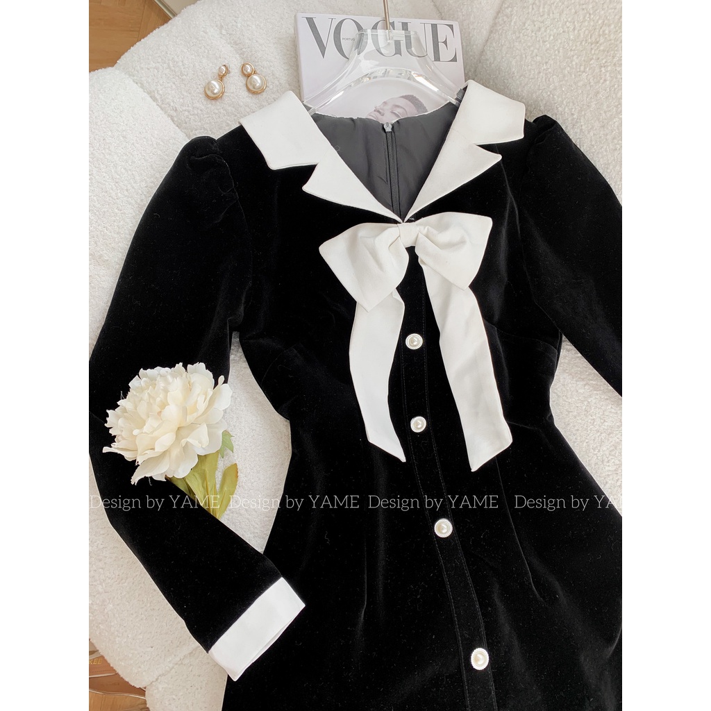 Đầm nhung phối trắng YV103 Xafan Đen Mix Trắng YAME