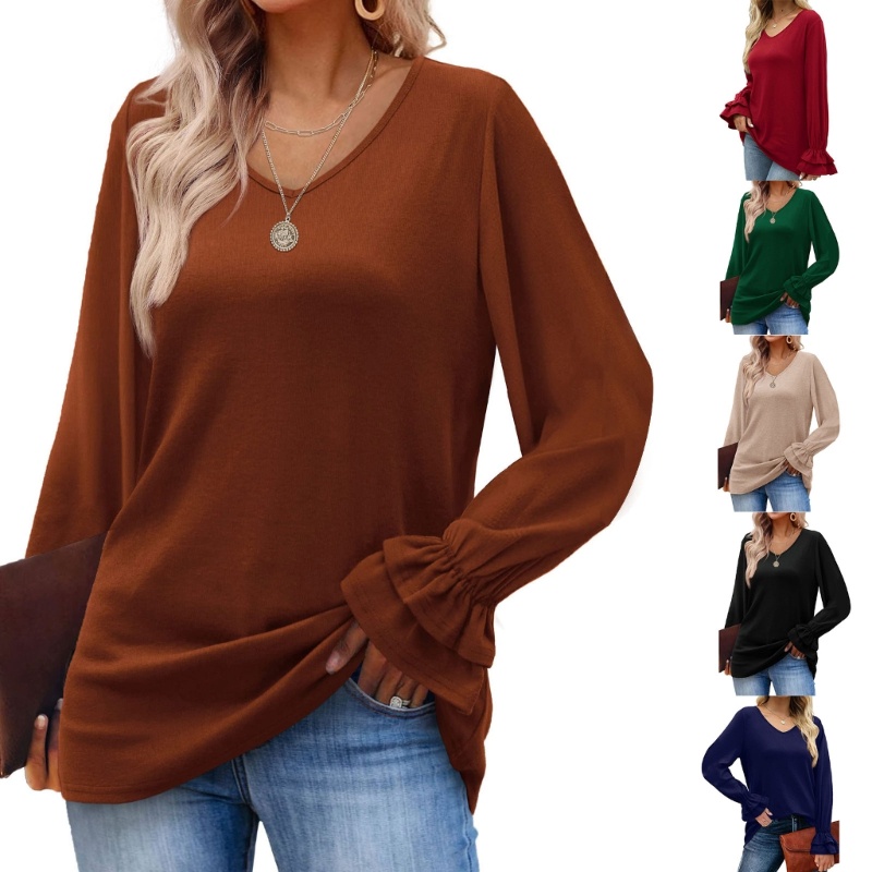 Áo Kiểu Tay Loe Dài Cổ Chữ V Màu Sắc Đơn Giản Cho Nữ