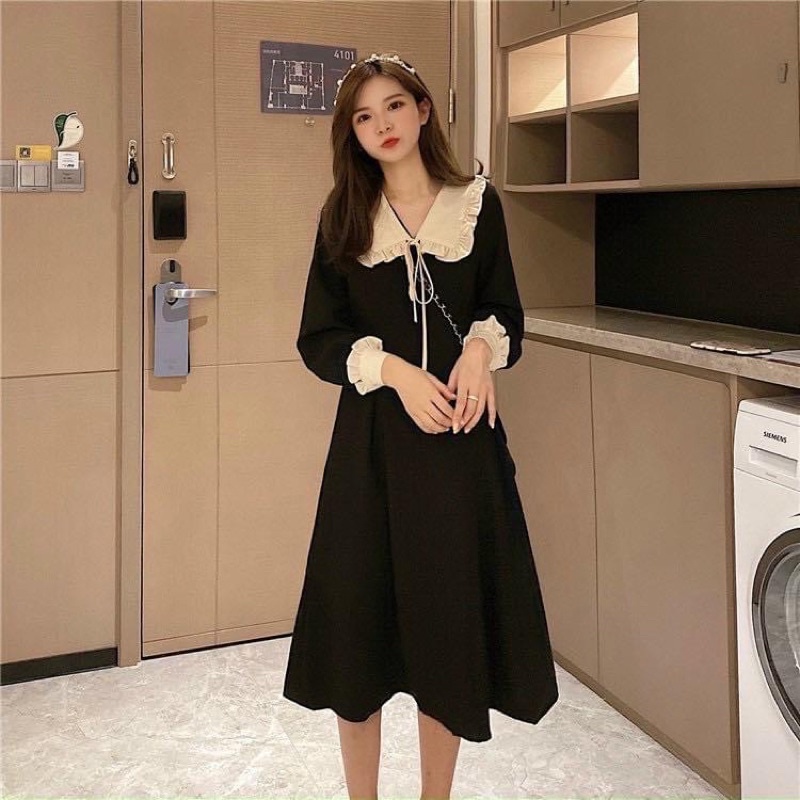 Váy tiểu thư cổ bèo dài tay dáng xoè chất umi dày dặn - Đầm công chúa màu đen tay bồng phối cổ voan bèo đẹp