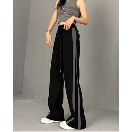 Ethelgirl Quần Dài Lưng Cao Ống Rộng Họa Tiết Kẻ Sọc Phong Cách Retro Thời Trang Cho Nữ