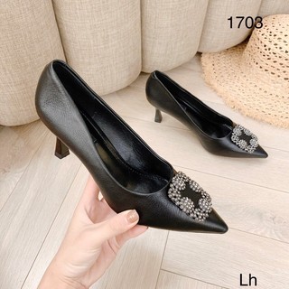 Giày cao gót mũi nhọn khoá đá vuông cao 7cm da mềm