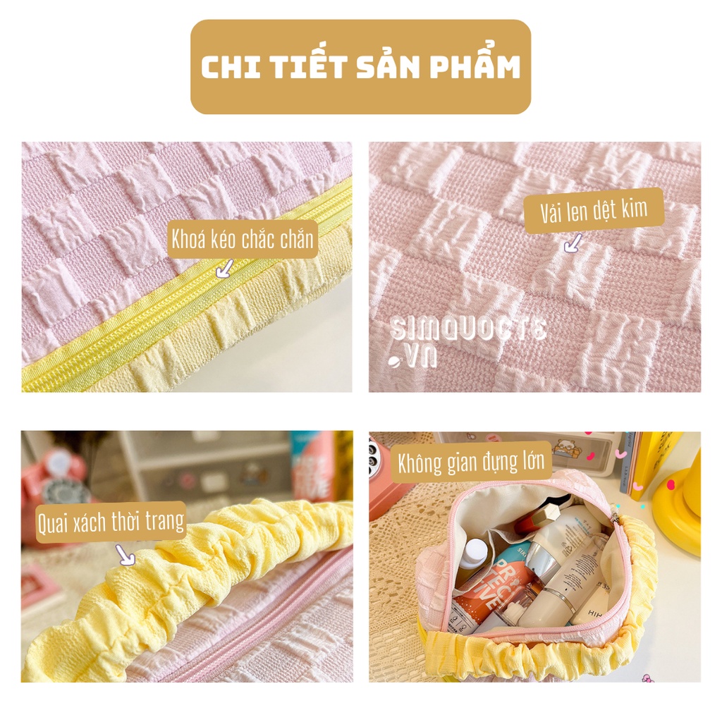 Túi đựng mỹ phẩm 2 ngăn cỡ lớn chất liệu vải len sợi dệt kim màu pastel xinh xắn phong cách Hàn Quốc TMP34