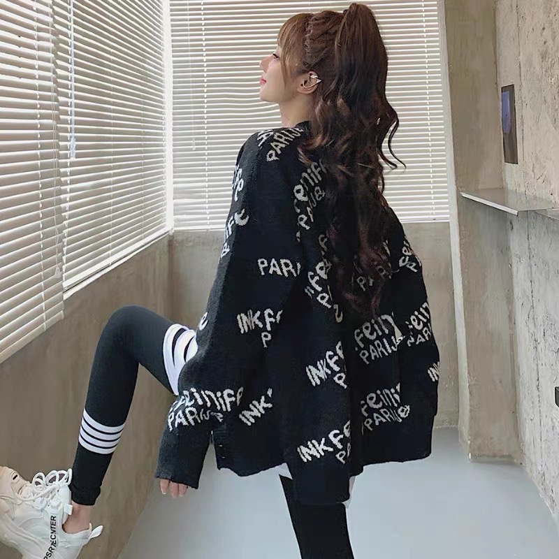 Áo khoác len cardigan nữ form dáng rộng dày dặn tay dài họa tiết chữ dệt kim phong cách Ulzzang Hàn Quốc trẻ trung