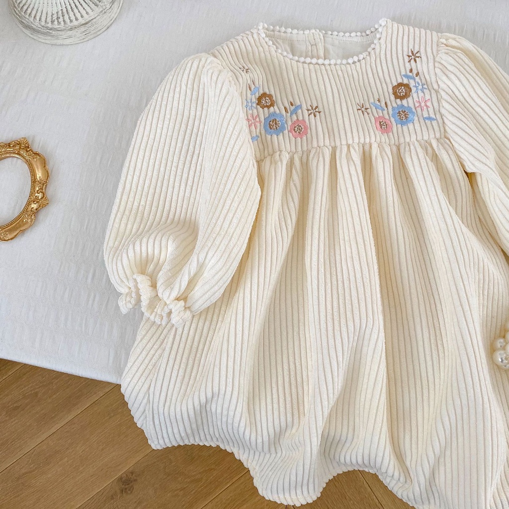 Đầm Dài Tay Phồng Thêu Họa Tiết Kẻ Sọc Thời Trang Mùa Xuân 2023 Cho Bé Gái FQV0