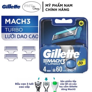 (Không kèm cán) Hộp 4 cái Lưỡi thay thế dao cạo râu Gillette Mach3 Turbo 3D , Mach3+ Basic , Mach 3 Classic