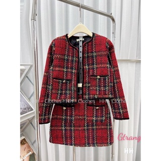 Set dạ tweed nữ kẻ đỏ viền nhung mùa đông kèm chân váy dạ kiểu dáng tiểu thư Hàn Quốc