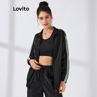 Áo khoác thể thao Lovito màu trơn phối đường viền tương phản dây kéo L23AD025 (màu đen)
