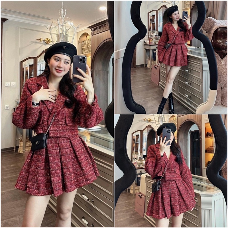 Set Dạ Đỏ Mix Chân Váy Xếp Ly
