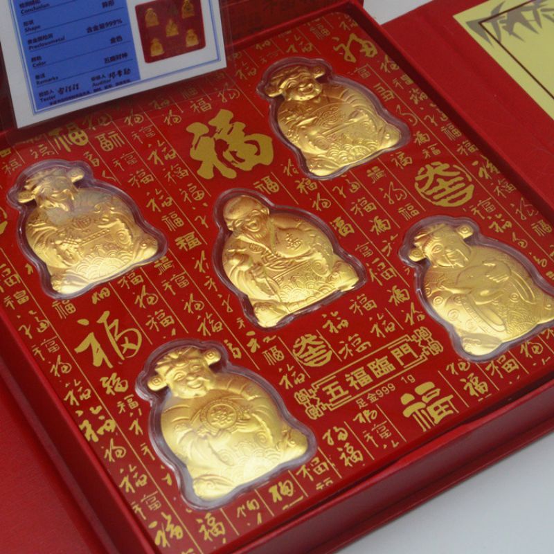 Quà Tặng Lì Xì Tết 5 Ông Thần Tài Phúc Lộc Thọ Mạ Vàng FullBox,,,