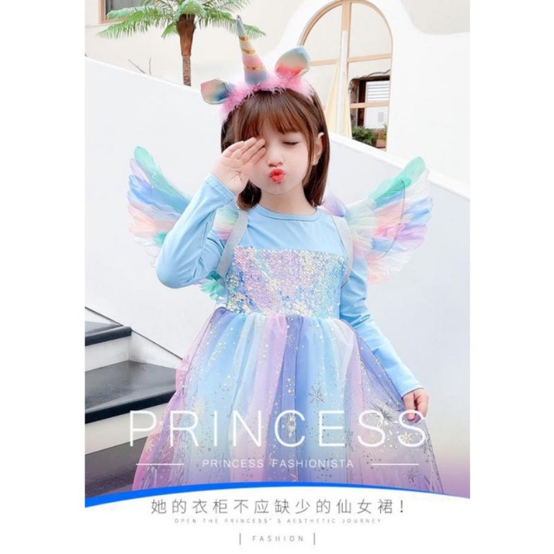 Đầm Công Chúa Elsa Đính Kim Sa Màu Sắc Cầu Vồng Xinh Xắn Cho Bé Gái