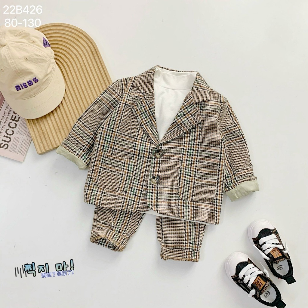 Set vest dạ hoạ tiết kẻ siêu bảnh cho bé trai (8-22kg) - Chất dạ mềm mại, không gây bí ngứa cho bé
