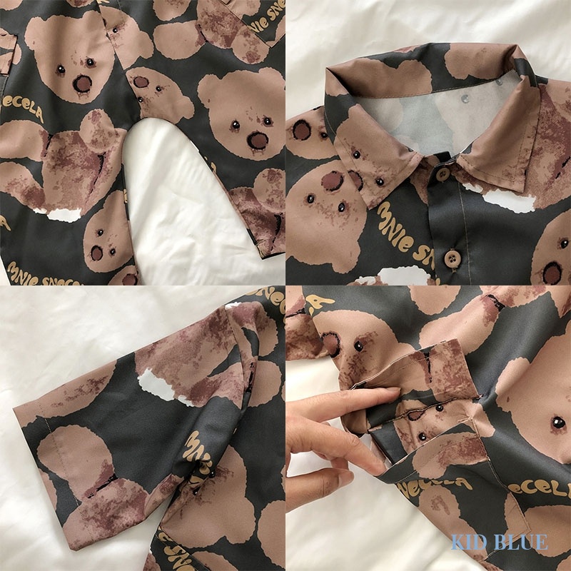 Jumpsuit Cổ Bẻ In Họa Tiết Gấu Đáng Yêu Thời Trang Phong Cách Hàn Quốc Cho Bé Gái
