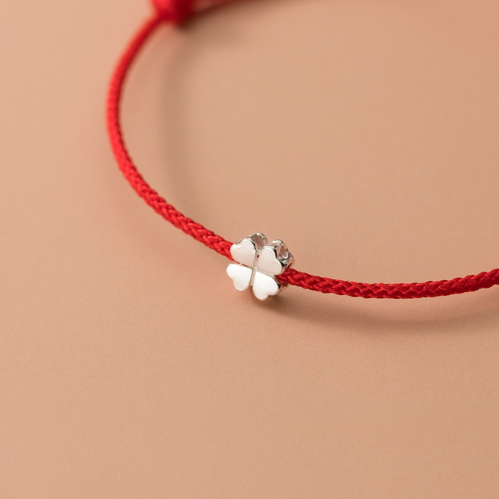 Vòng tay chỉ đỏ Charm cỏ 4 lá bạc 925, lắc tay nữ phong thủy may mắn DUYSON SILVER