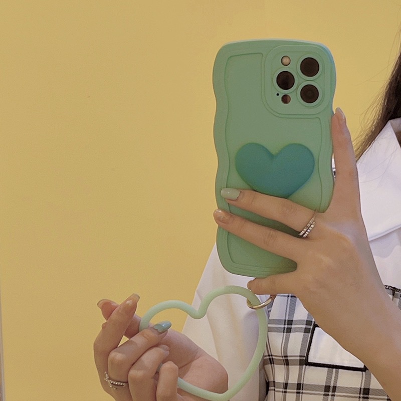 Ốp Điện Thoại Họa Tiết Trái Tim Màu Xanh Lá Thời Trang Gắn Dây Đeo Cho iPhone12promax xs13xr 11