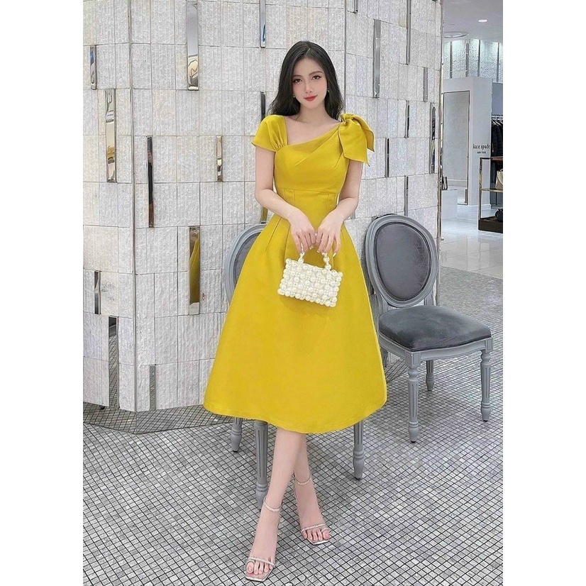 Đầm Nữ kết nơ vai cổ thuyền thiết kế dự tiệc dáng xòe thích hợp đi tiệc